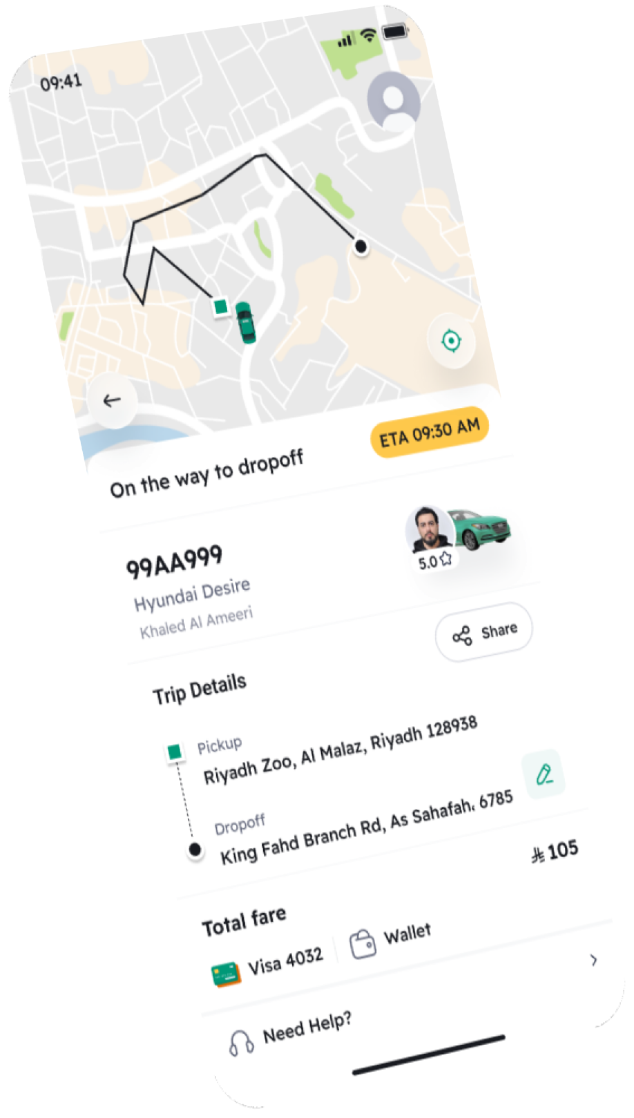 Taxi trip tracking screen