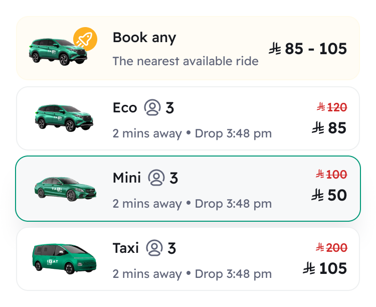 Taxi ride selection card